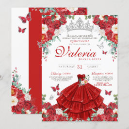 Invitación Roses Rojos Elegantes Mariposa Plata Quinceañera