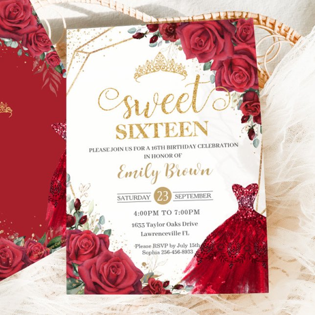 Invitación Roses Rojos Floral Dorado Princesa Dulce 16 (Subido por el creador)