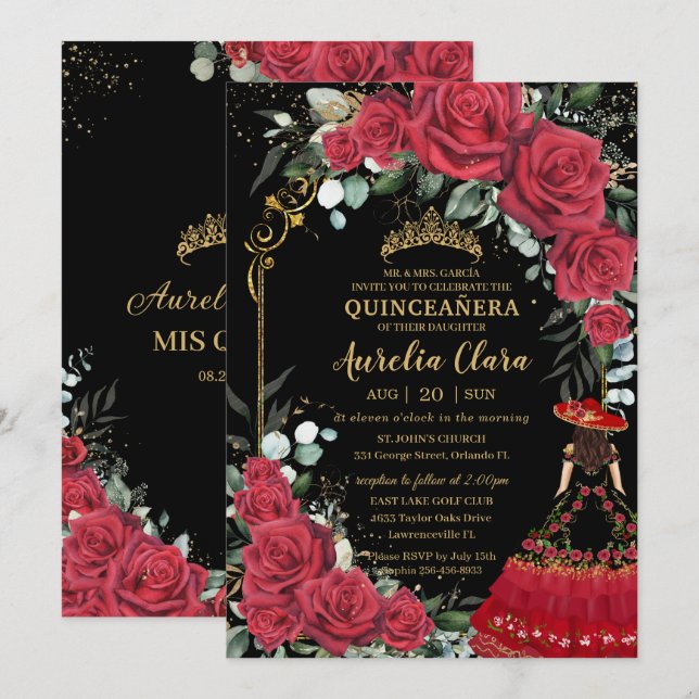 Invitación Roses Rojos Floral Negro Charro Quinceañera (Anverso / Reverso)