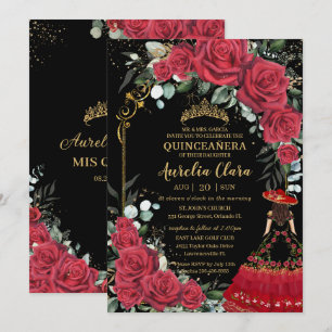 Invitación Roses Rojos Floral Negro Charro Quinceañera