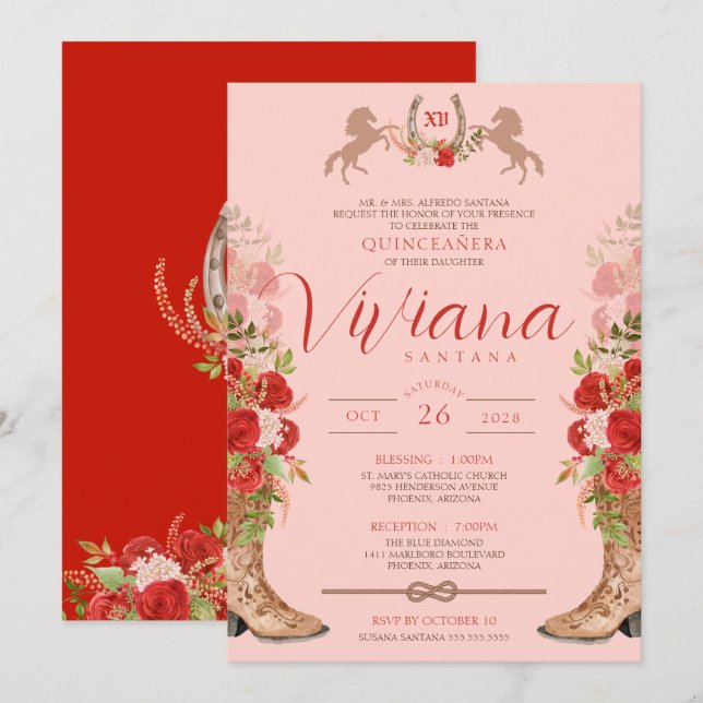 Invitación Roses Rojos Florales Boots Western Charra Quincean (Anverso / Reverso)