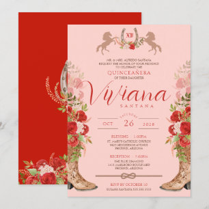 Invitación Roses Rojos Florales Boots Western Charra Quincean