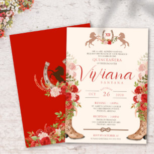 Invitación Roses Rojos Florales Boots Western Charra Quincean