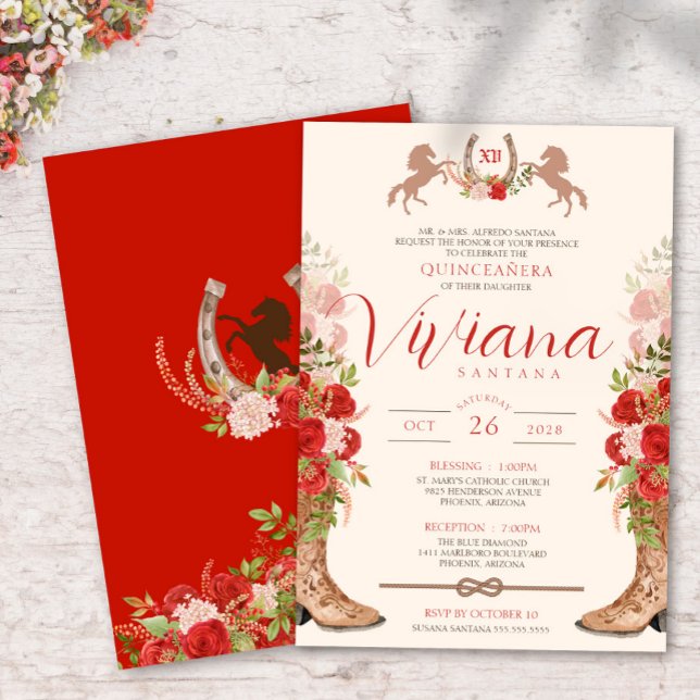 Invitación Roses Rojos Florales Boots Western Charra Quincean (Subido por el creador)