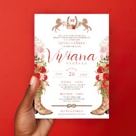 Invitación Roses Rojos Florales Boots Western Charra Quincean