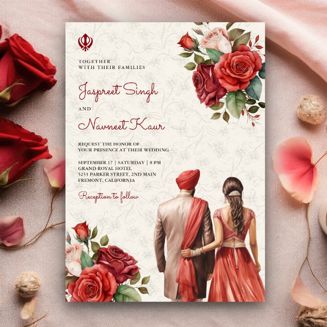Invitación Roses rojos florales indios Punjabi Sikh Boda (Subido por el creador)