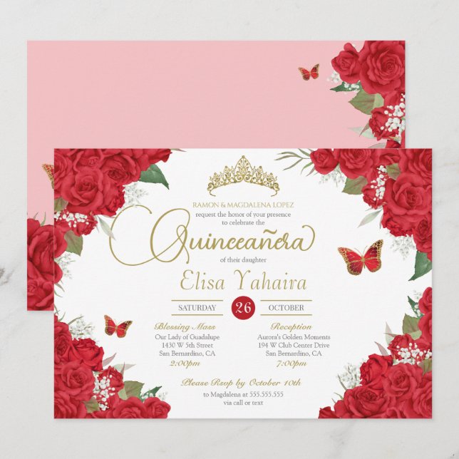 Invitación Roses Rojos Florales Tiara Mariposa Quinceanera (Anverso / Reverso)