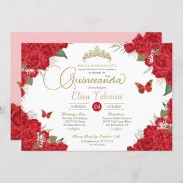 Invitación Roses Rojos Florales Tiara Mariposa Quinceanera