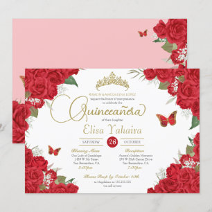 Invitación Roses Rojos Florales Tiara Mariposa Quinceanera