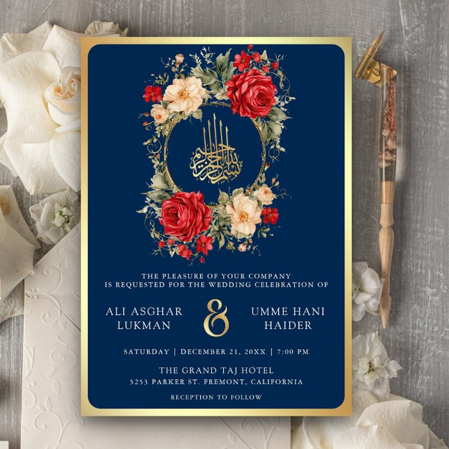 Invitación Roses Rojos Flores de marfil Boda musulmana de oro (Subido por el creador)