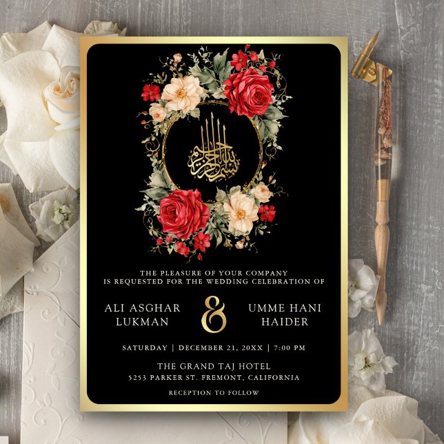 Invitación Roses rojos Flores de marfil Boda musulmana de oro (Subido por el creador)