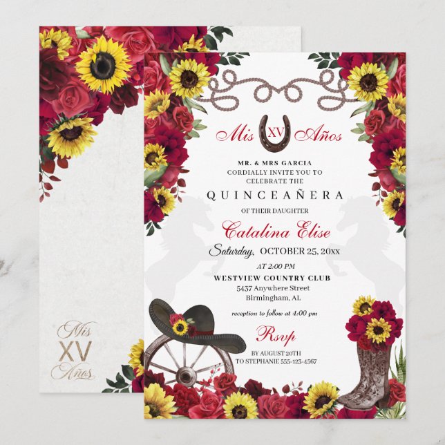 Invitación Roses rojos girasoles gallina de la vaca Quinceane (Anverso / Reverso)