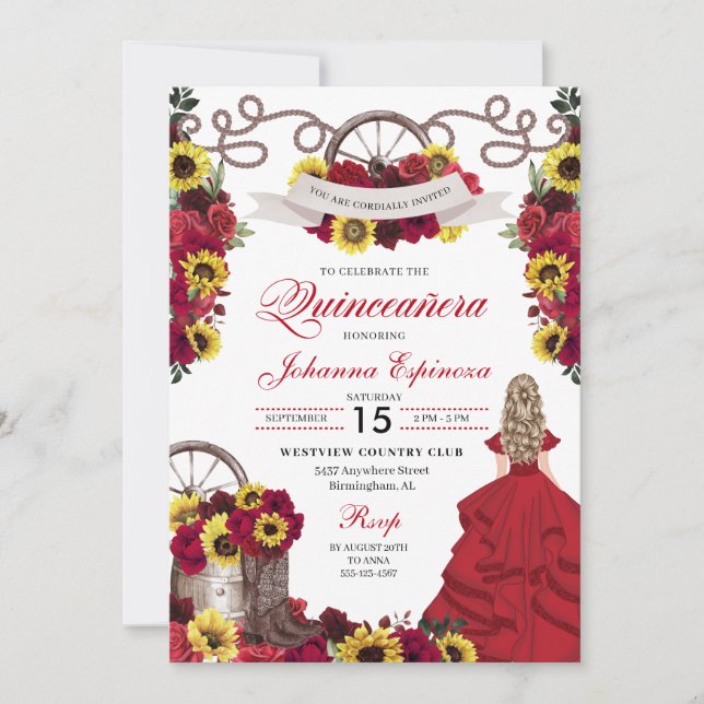 Invitación Roses rojos girasoles niña occidental quinceanera (Anverso)