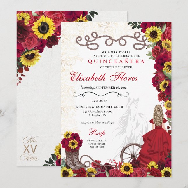 Invitación Roses rojos girasoles niña occidental quinceanera (Anverso / Reverso)