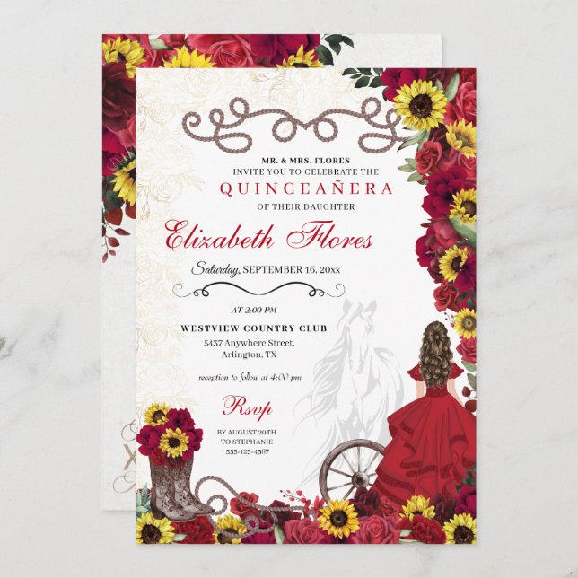 Invitación Roses rojos girasoles niña occidental quinceanera (Anverso / Reverso)