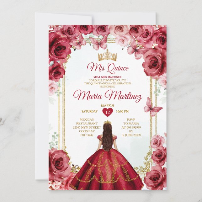 Invitación Roses Rojos Mexicanos Princesa Quiñceanera Floral (Anverso)