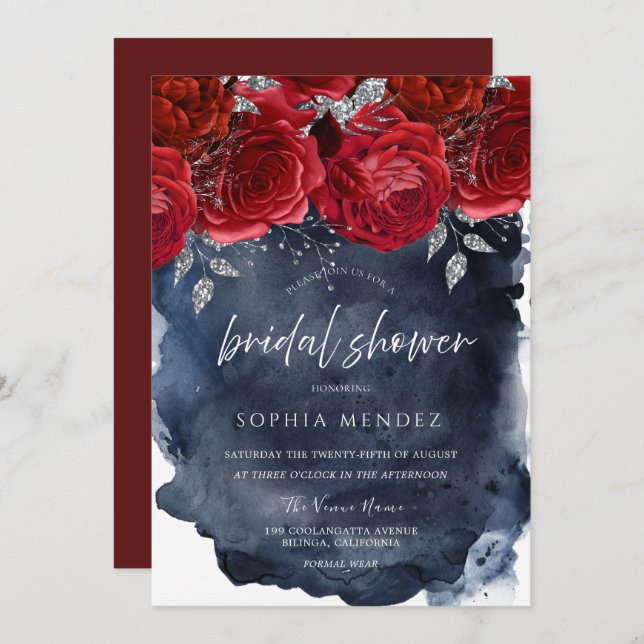 Invitación Roses Rojos Naval Agua Splash Bridal Shower (Anverso / Reverso)