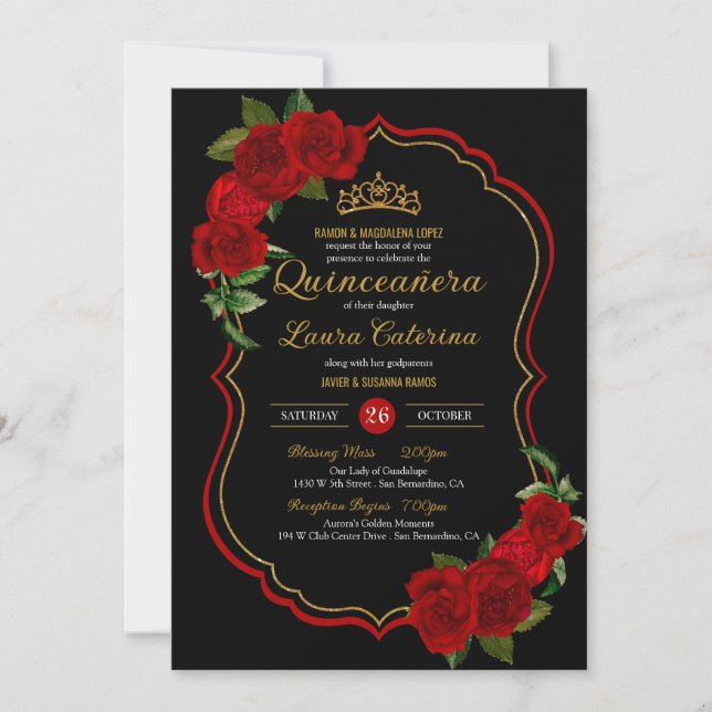 Invitación Roses rojos Negro y Dorado Elegante Quinceanera (Anverso)