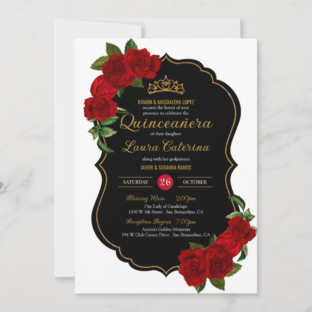 Invitación Roses rojos Negro y Dorado Elegante Quinceanera (Anverso)