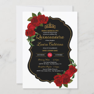 Invitación Roses rojos Negro y Dorado Elegante Quinceanera