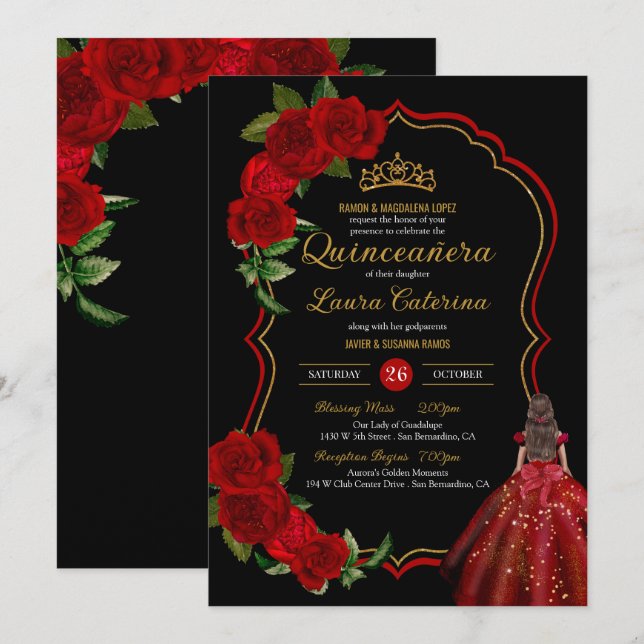 Invitación Roses Rojos Negro y Dorado Elegante Vestido Quince (Anverso / Reverso)