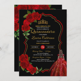 Invitación Roses Rojos Negro y Dorado Elegante Vestido Quince