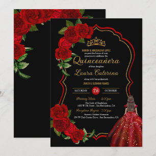 Invitación Roses Rojos Negro y Dorado Elegante Vestido Quince