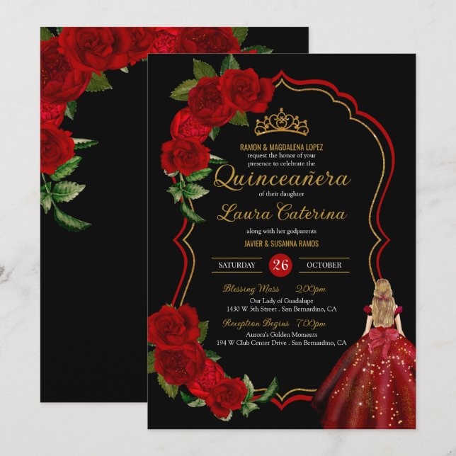 Invitación Roses Rojos Negro y Dorado Elegante Vestido Quince (Anverso / Reverso)