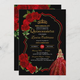 Invitación Roses Rojos Negro y Dorado Elegante Vestido Quince
