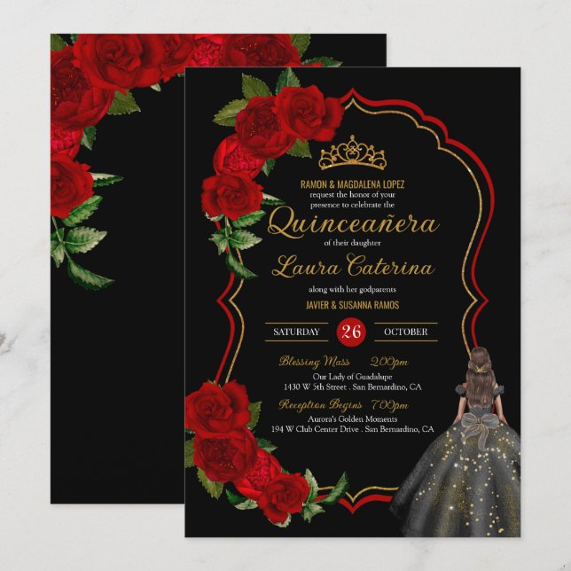 Invitación Roses Rojos Negro y Dorado Elegante Vestido Quince (Anverso / Reverso)