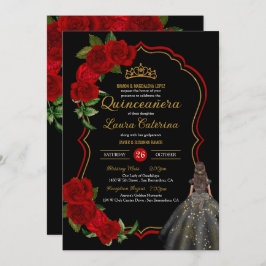 Invitación Roses Rojos Negro y Dorado Elegante Vestido Quince