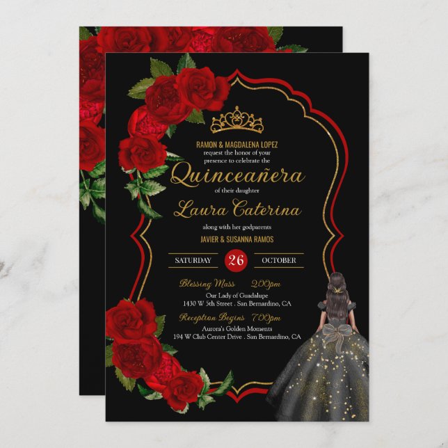 Invitación Roses Rojos Negro y Dorado Elegante Vestido Quince (Anverso / Reverso)