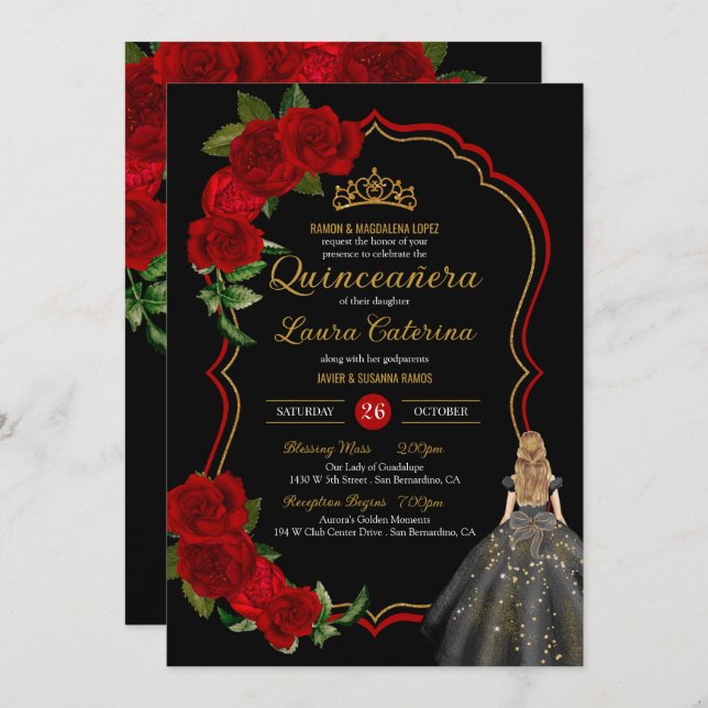 Invitación Roses Rojos Negro y Dorado Elegante Vestido Quince (Anverso / Reverso)