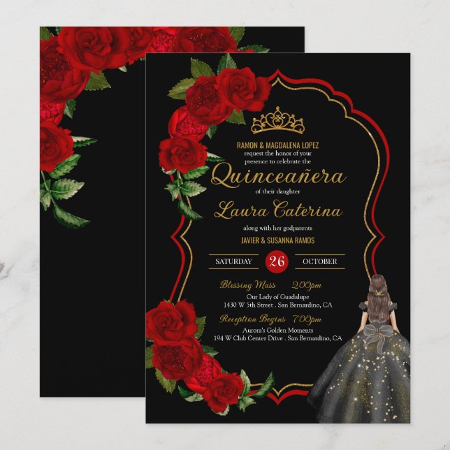 Invitación Roses Rojos Negro y Dorado Elegante Vestido Quince (Anverso / Reverso)