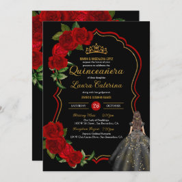 Invitación Roses Rojos Negro y Dorado Elegante Vestido Quince