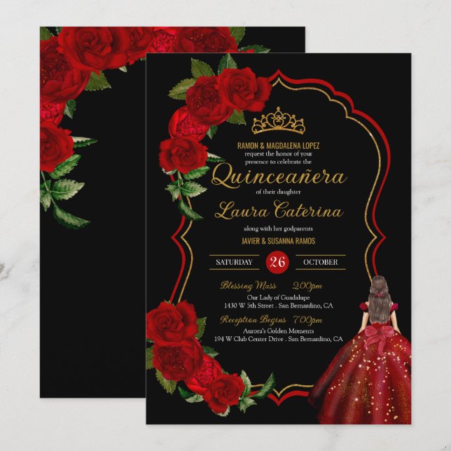 Invitación Roses Rojos Negro y Dorado Elegante Vestido Quince (Anverso / Reverso)