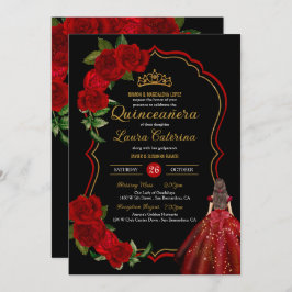 Invitación Roses Rojos Negro y Dorado Elegante Vestido Quince