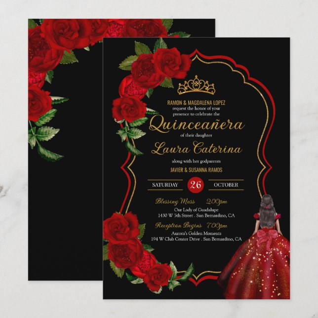 Invitación Roses Rojos Negro y Dorado Elegante Vestido Quince (Anverso / Reverso)