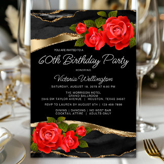Invitación Roses Rojos Negros Oro Cualquier Número Cumpleaños