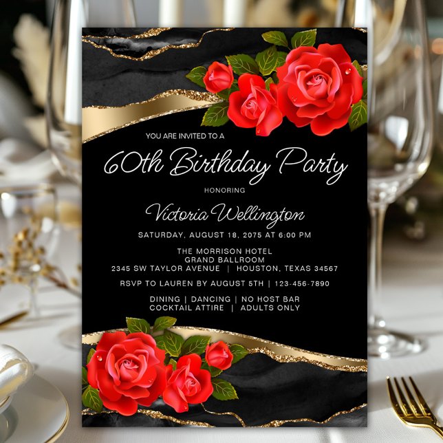 Invitación Roses Rojos Negros Oro Cualquier Número Cumpleaños (Pretty red roses on an elegant black and gold background any number birthday and event invitation.)