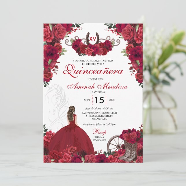 Invitación Roses rojos occidentales Princesa Quinceanera (Anverso de pie)