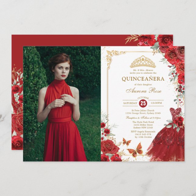 Invitación Roses rojos Quinceañera Princesa Tiara Mis Quince  (Anverso / Reverso)