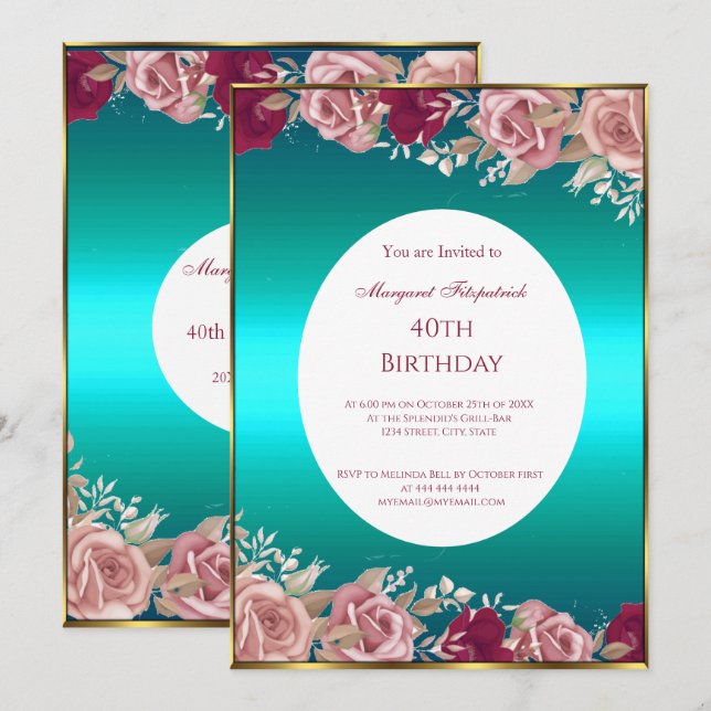 Invitación Roses Rojos Rojos Rojos Verde azulados Verde Parti (Anverso / Reverso)