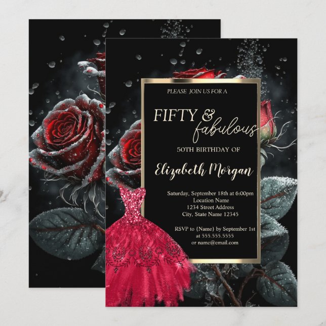 Invitación Roses rojos rojos vestidos de rojo negro 50 cumple (Anverso / Reverso)