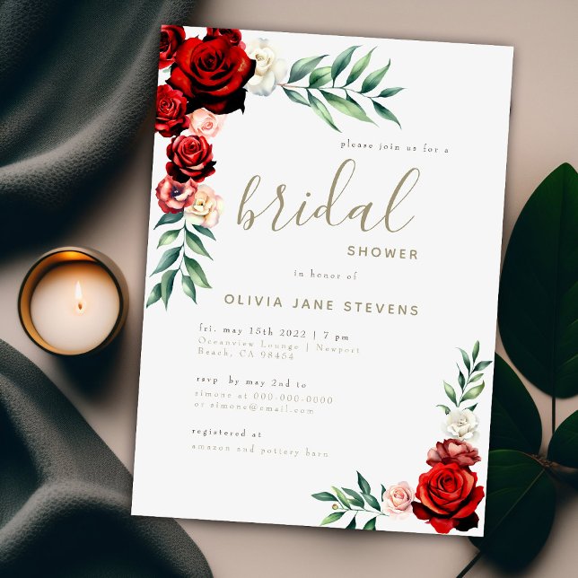 Invitación Roses rojos románticos marco floral boho ducha de  (Subido por el creador)