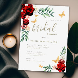 Invitación Roses rojos románticos mariposas de oro ducha de n
