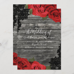 Invitación Roses rojos Rústicos Madera Negro Boda de encaje
