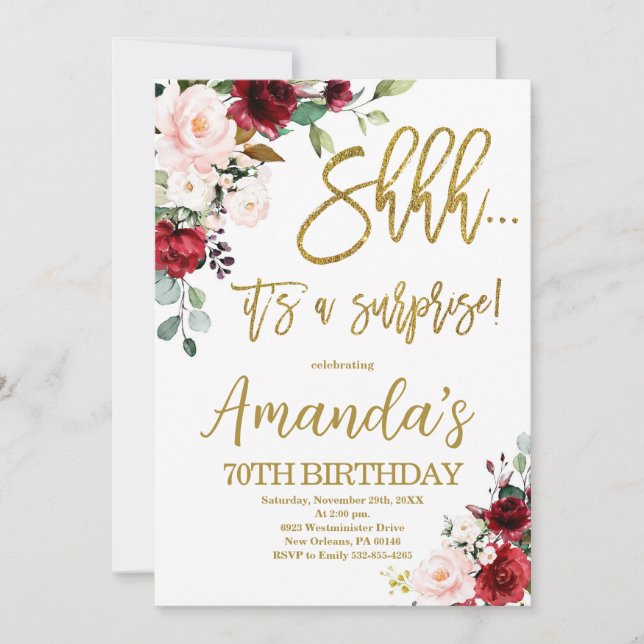 Invitación Roses Rojos, Shhh es un cumpleaños sorpresa (Anverso)