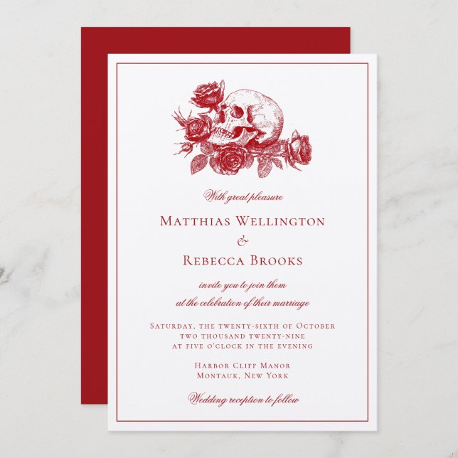 Invitación Roses Rojos Skull Boda gótico moderno (Anverso / Reverso)