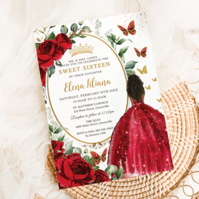 Invitación Roses Rojos Vestido Floral Oro Quinceañera Dulce 1 (Subido por el creador)